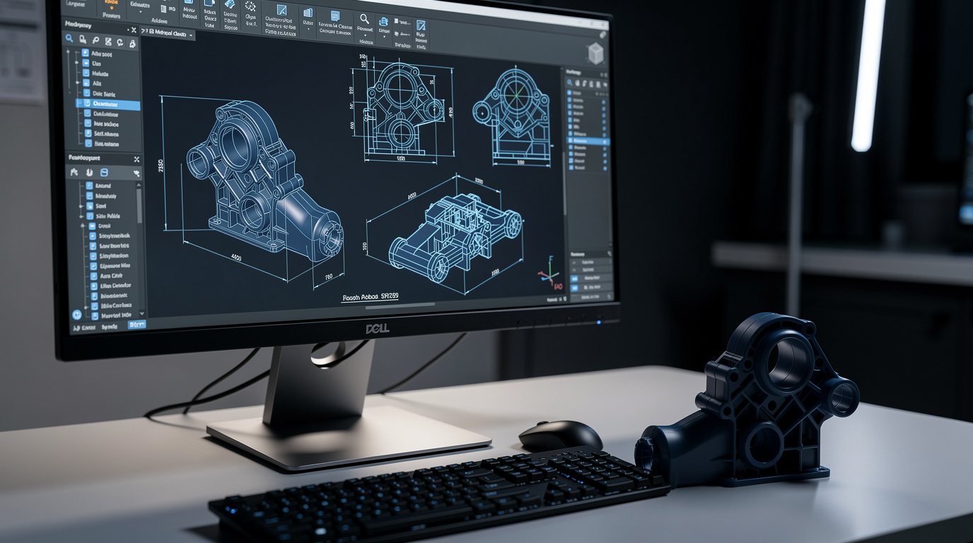 A computer set up with 3D models of machine parts on the screen