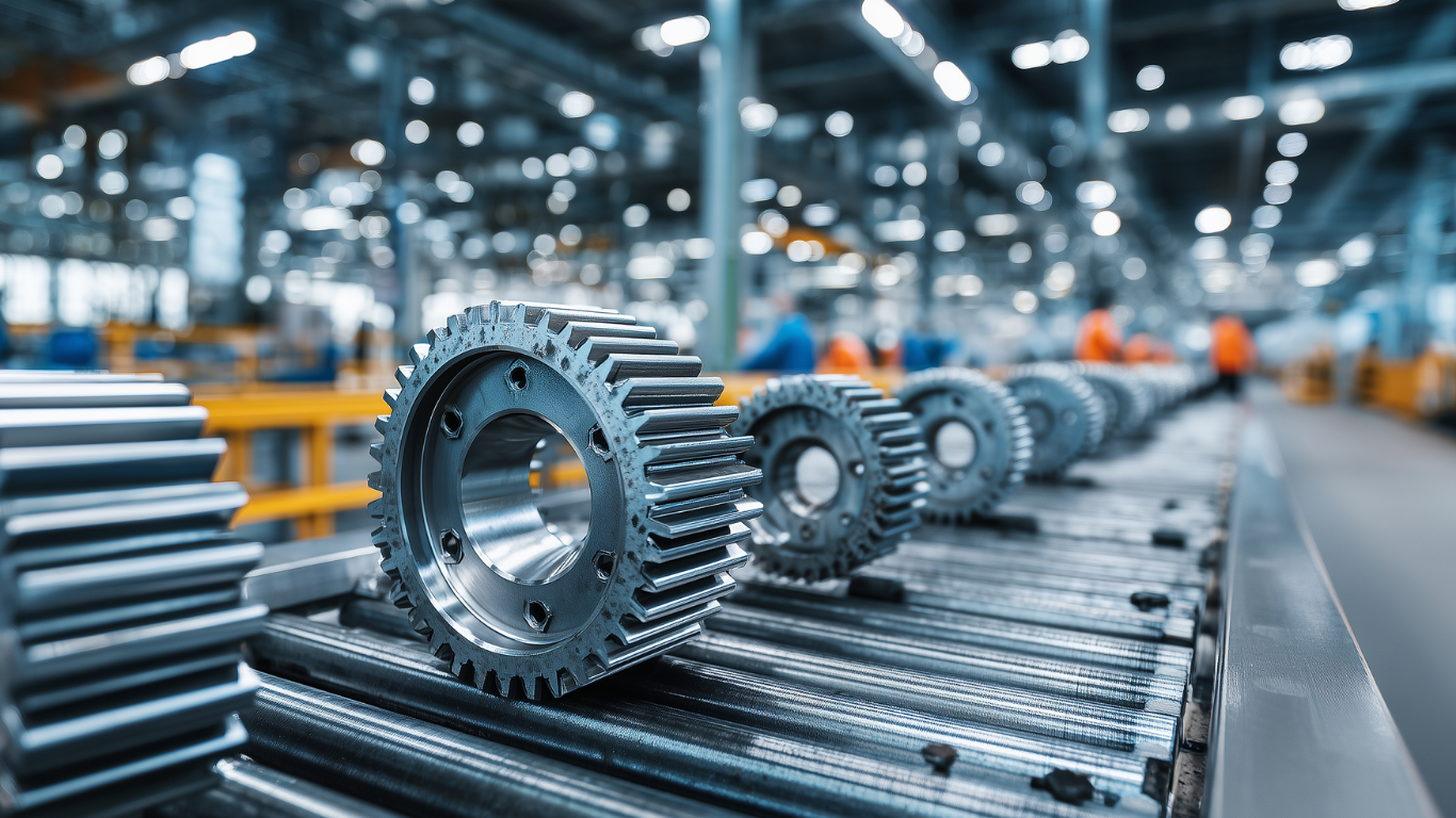 A row of gears on a conveyer belt